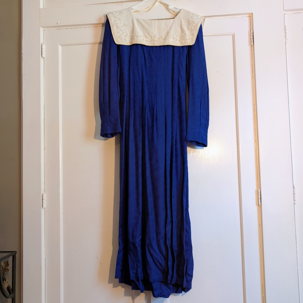 Sarah Elizabeth Dress, 6, Cobalt Blue, White Embroidered Collar, Jacquard Fabric